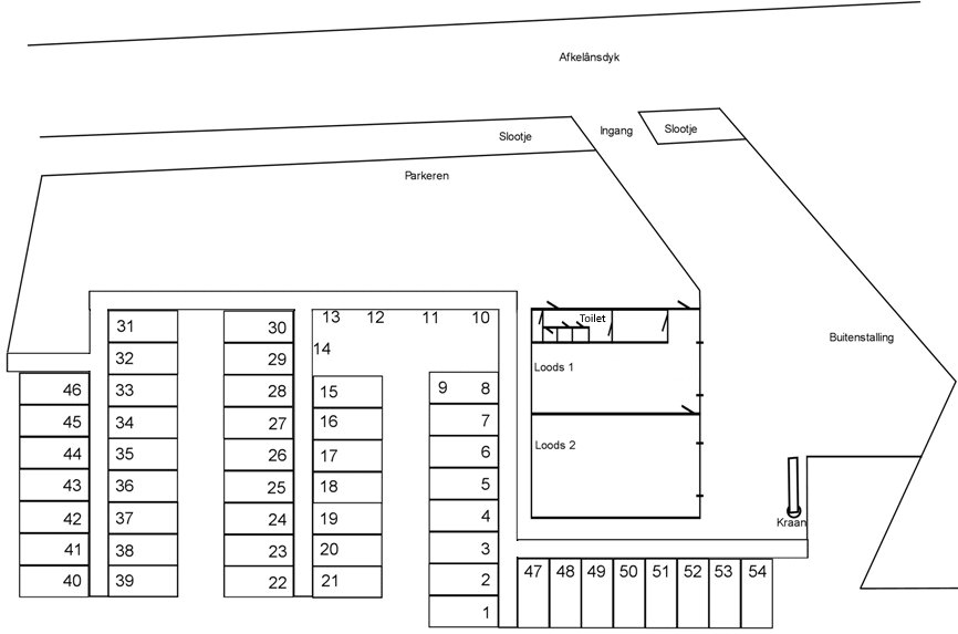Plattegrond van de haven met de genummerde ligplaatsen 1 tot en met 54, de twee loodsen, de kraan en de buitenstalling